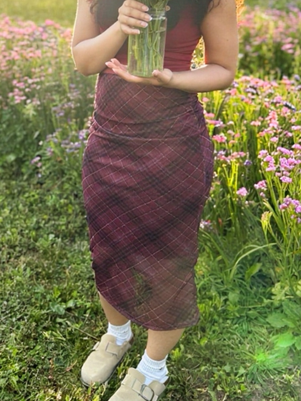 Streetwear Society Burgundy and Black Plaid Mini Skirt